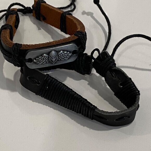 Handcrafted Leather 2 Bracelets set With Eagle open wings Emblem  Adjustable - Picture 7 of 7